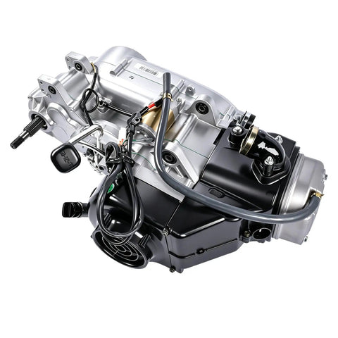Close-up of 230 CC GY6 ATV Engine Replacement With Reverse And Balance Shaft For Go Kart 4 Stroke CVT, Air Cooled, Electric Start, CDI Ignition.