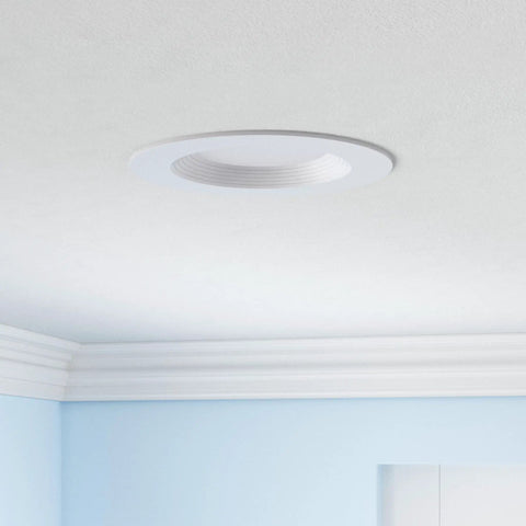 Adjustable Color Temperature LED Recessed Can Light 5 To 6 Inch installed in ceiling with baffle trim, 6 Pack visible