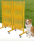 Worksite Tough Heavy Duty Steel Traffic Barricade With Smooth Glide Wheels And No Fuss Scissor Safety Gate For Contractor Jobsite Crowd Control Perimeter Cording next to a dog.