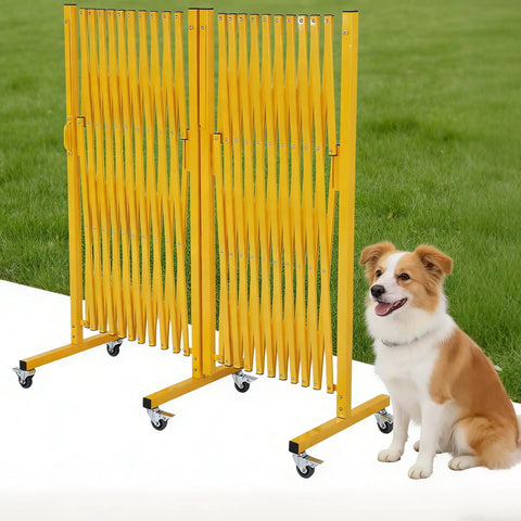 Worksite Tough Heavy Duty Steel Traffic Barricade With Smooth Glide Wheels And No Fuss Scissor Safety Gate For Contractor Jobsite Crowd Control Perimeter Cording next to a dog.