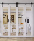 Mirror Panel Bifold Barn Door Kit With Sliding Hardware For Narrow Closets, 56 Inch Width By 84 Inch Height, Pre Drilled Slab, White MDF, 64 Inch Track For Four Doors, Easy Installation, Space Saving Design in a kitchen.