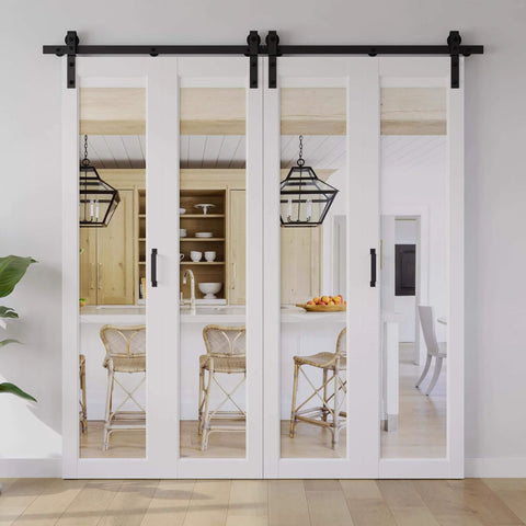 Mirror Panel Bifold Barn Door Kit With Sliding Hardware For Narrow Closets, 56 Inch Width By 84 Inch Height, Pre Drilled Slab, White MDF, 64 Inch Track For Four Doors, Easy Installation, Space Saving Design in a kitchen.