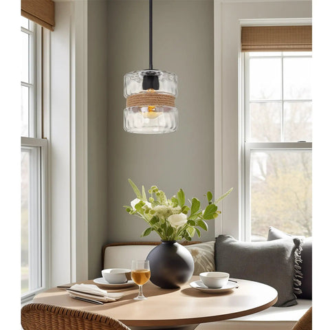 Sage 10 Inch Farmhouse Pendant Light With Hammered Glass And Natural Rope Accent Industrial Cylinder Shade In Textured Black Finish