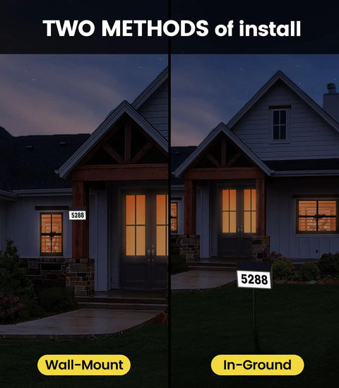 Solar Powered LED House Numbers For Outdoor Use With Weatherproof Black Address Sign Plaque, illuminated wall and yard mounting