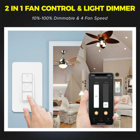 2 In 1 Ceiling Fan Control And Light Dimmer Switch With 2.4G WiFi Works With Alexa Google Assistant shown in living room