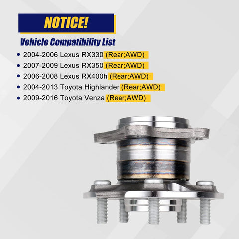 Side view of Rear Wheel Bearing And Hub Assembly 512284 For Toyota Highlander 2004 2013 Venza 2009 2016 And Lexus RX330 RX350 RX400h AWD With ABS 5 Lug Replacement
