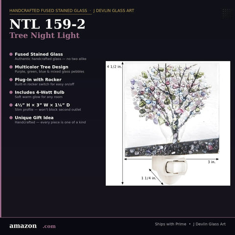 Stained Glass Tree Night Light Plug In With Fused Glass Chips In Purple Green And Blue, multicolor tree design.