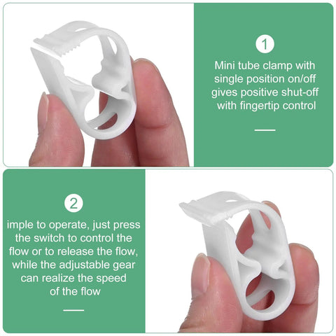 Close-up of a hand holding a mini white plastic tube clamp for 1/4 to 1/2 inch flow control, part of the 10-Pack Adjustable Plastic Tubing Clamps.
