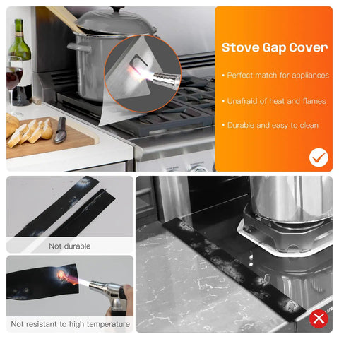 Adjustable Stainless Steel Stove Gap Covers Kit with Gap Filler in kitchen showing heat resistance, silver 2 pack.