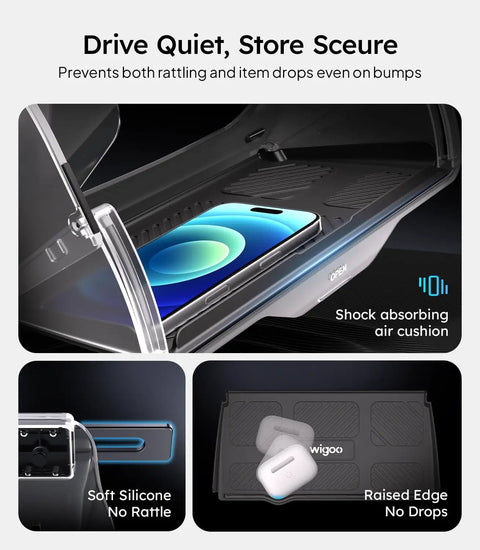 Under Screen Center Console Organizer For Model Y 2019 Through 2026 Including Juniper 2025 2026 Standard Premium And Performance Concealed Center Console Organizer Tray Quick Easy Stable Installation with phone and AirPods