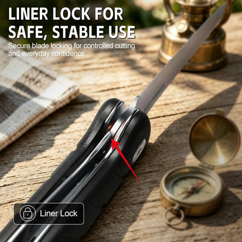 9.09 Inch Folding Bread Knife For Camping And Outdoor Cooking With 4.25 Inch Serrated 8Cr14MoV Stainless Blade showing liner lock