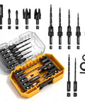 15 Piece Countersink Drill Bit Set With Magnetic Extension Bit Holder And Wood Plug Cutters For Woodworking, Pro Grade Tapered Bits, One Quarter Inch Hex Shank Quick Change, Includes Storage Box shown in an open yellow case with bits displayed.