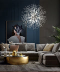 Sputnik Crystal Chandelier With Firework Chrome Finish, Dandelion Style Pendant Light Fixture, 9 Lights in a modern living room