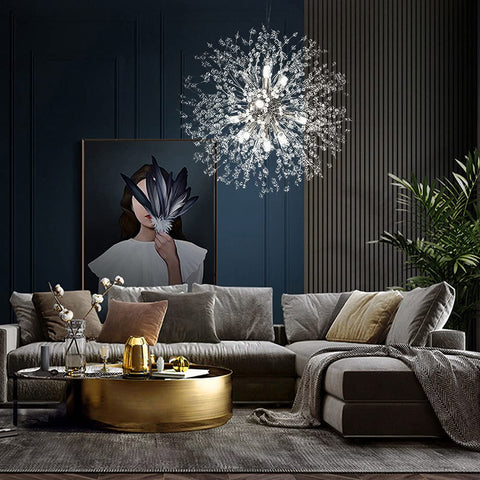 Sputnik Crystal Chandelier With Firework Chrome Finish, Dandelion Style Pendant Light Fixture, 9 Lights in a modern living room