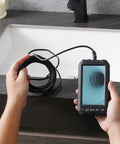 Pro Grade Endoscope Camera With Light Featuring Triple Lens For Clear Real World Inspection, 5 Inch Screen 1080P, 8 Plus 2 LED Lights With Adjustable Brightness, IP67 Waterproof Snake Camera For Automotive And Plumbing, 16.4 Foot Cable And 32GB Card. handheld endoscope showing coiled cable and 5-inch screen