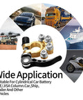 Heavy Duty Battery Terminal Connectors 2 Pack Top Post Clamps 4 Way Quick Release For Auto Positive Negative SAE JIS Type A Posts Easy Install Tinned Copper Construction shown with various vehicle applications.