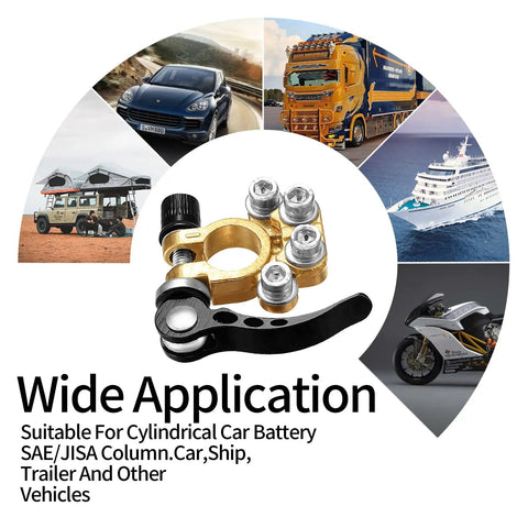 Heavy Duty Battery Terminal Connectors 2 Pack Top Post Clamps 4 Way Quick Release For Auto Positive Negative SAE JIS Type A Posts Easy Install Tinned Copper Construction shown with various vehicle applications.