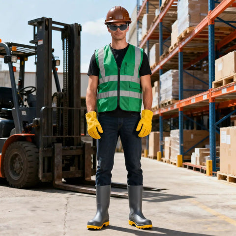 Premium Welding Safety Goggles With Impact Resistant Anti Splash Dark Green Tinted Lenses Designed For Heavy Duty Industrial Grind And All Day Comfort That Will Kick Butt On Any Build Or Fabrication Project worn by worker in safety gear.