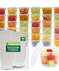 Stack of 50 Pack 16 Oz Deli Containers With Lids BPA Free Leakproof beside filled meal prep bowls