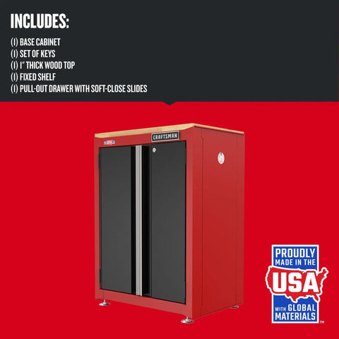Heavy Duty Metal Garage Storage Cabinet With Two Doors Base Unit, Built To Last Welded Steel Frame, 10,620 Cubic Inch Capacity, Locking System, 1 Inch Butcher Block Work Surface, Made In USA Sedalia Missouri - front view.