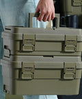 Boss Level Tool Box Organizers In 6.5L And 4L Sizes With Secure Locking Clasps being carried by hand for easy transport