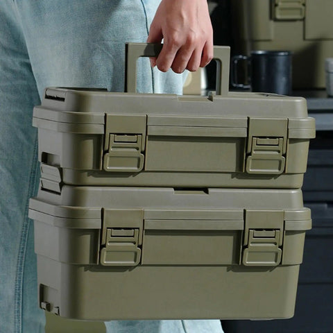 Person carrying Heavy Duty Tool Box Organizer Set in 6.5L and 4L sizes with secure locking clasps and layered compartments