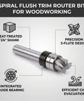 Top Pick Spiral Flush Trim Router Bit 1/4 Shank with integrated guide bearing and 3-flute design for smooth woodworking.