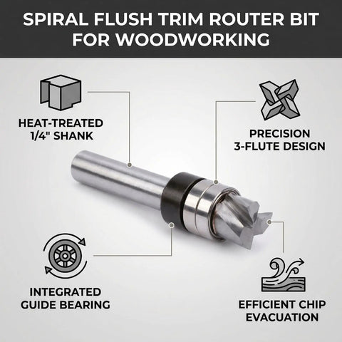 Top Pick Spiral Flush Trim Router Bit 1/4 Shank with integrated guide bearing and 3-flute design for smooth woodworking.
