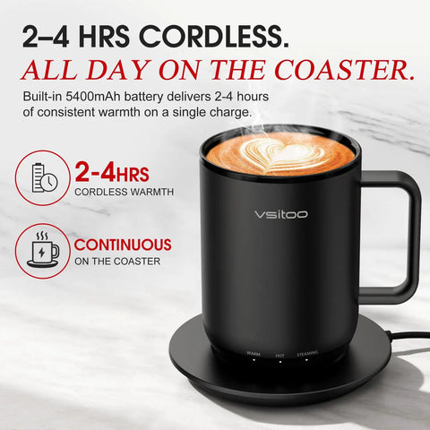 Smart Self Heating Coffee Mug With 14 Oz Size And Intelligent AI Heat Control To Keep Your Morning Brew Piping Hot All Day Long Without Any Manual Hassle For A Total Daily Flex on a coaster.