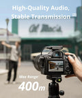 Small But Mighty Wireless Lavalier Microphone System for iPhone, Android, and Cameras setup on camera with 400m range shown