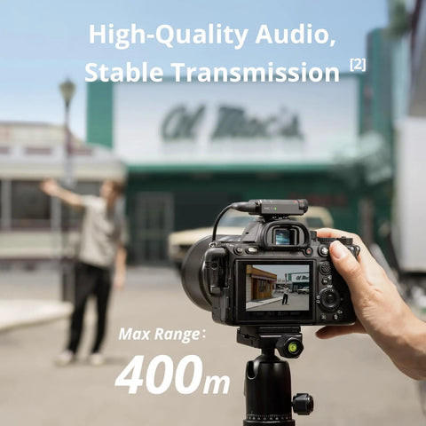 Small But Mighty Wireless Lavalier Microphone System for iPhone, Android, and Cameras setup on camera with 400m range shown