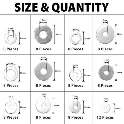 Fender washers assortment in stainless steel 304; flat washers for screws, sizes M3–M12, 100-piece kit.