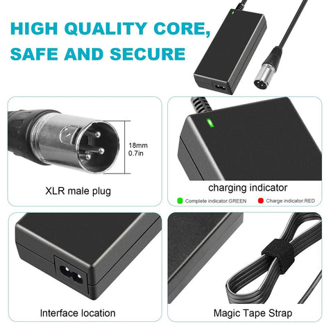 44V Lead Acid Battery Charger For 36V Scooters And E Bikes With 3 Pin Male XLR Connector showing plug, charging indicator, and strap