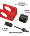 Door Lock Installation Kit For Wood Doors With Adjustable Guide Template And Arbor Drill Bit One And Three Eighths To One And Three Quarters Inch Hole Saw Set Includes One Inch And Two One Eighth Inch Saws DIY Friendly And Built Tough Red showing red guide, hole saws, and drill bit.
