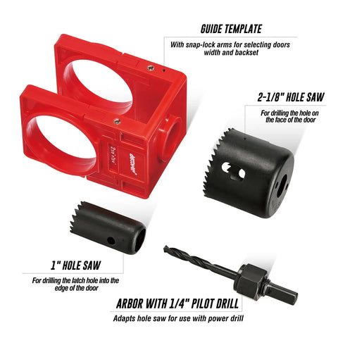Door Lock Installation Kit For Wood Doors With Adjustable Guide Template And Arbor Drill Bit One And Three Eighths To One And Three Quarters Inch Hole Saw Set Includes One Inch And Two One Eighth Inch Saws DIY Friendly And Built Tough Red showing red guide, hole saws, and drill bit.