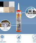 No Sweat Self Leveling Lap Sealant For RV Roofs, Tan Hue, Sun Resistant Formula, 10.3 oz tube with application guidelines.