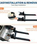 60 Inch Clamp On Pallet Forks With 2000 Lb Capacity installation steps for tractor buckets showing slide and clamp method.