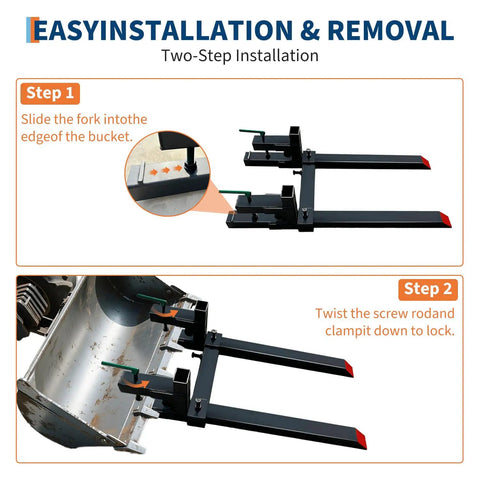 60 Inch Clamp On Pallet Forks With 2000 Lb Capacity installation steps for tractor buckets showing slide and clamp method.