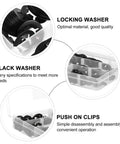 Internal Tooth Lock Washers Fasteners Kit 340pc Set with black star locking washers and rapid action clips in clear case