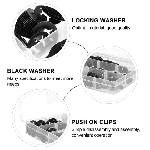 Internal Tooth Lock Washers Fasteners Kit 340pc Set with black star locking washers and rapid action clips in clear case