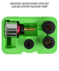 Universal Cooling System Adapter Kit For Radiator Pressure Testing, green tray with adapters for various car models.