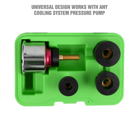 Universal Cooling System Adapter Kit For Radiator Pressure Testing, green tray with adapters for various car models.
