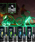 Glow In The Dark Spray Paint Outdoor Fluorescent Reflective Paint (green) shown on bike and trailer, highlighting night visibility.