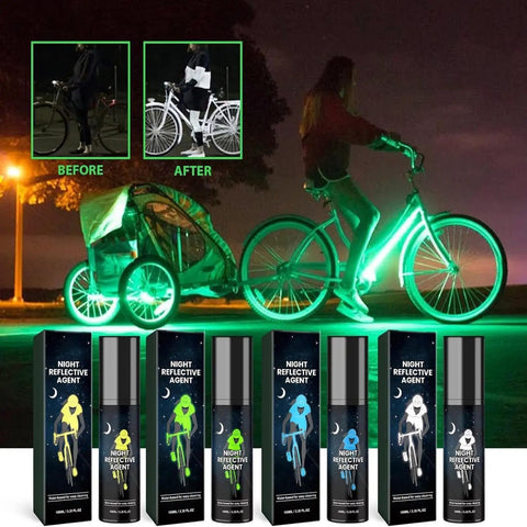 Glow In The Dark Spray Paint Outdoor Fluorescent Reflective Paint (green) shown on bike and trailer, highlighting night visibility.