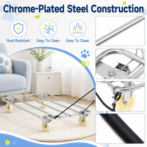 Heavy Duty Dog Crate Dolly With Rollin Wheels And Polished Chrome Casters 42 By 24 Inch mobile pet transport cart with chrome-plated steel.