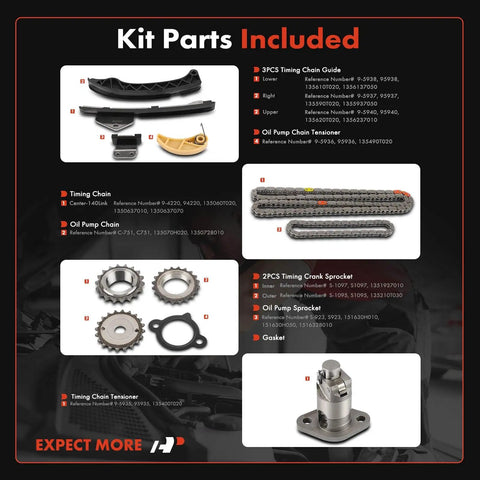 Kit parts included for Go-To Engine Timing Chain Kit With Sprocket And Tensioner And Guide For Toyota Corolla Matrix Prius