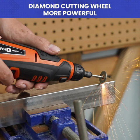 Hand using rotary tool on metal with diamond wheel; part of Must-Have Rotary Tool Bits Kit For Dremel And Other Brands, 508-Piece Universal Set.