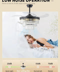 SYDACG 42" Black Crystal Fandelier Ceiling Fans with Lights above a sleeping woman, showcasing low noise operation and elegant design.