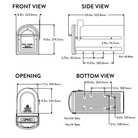 Mapleton Heavy Duty Steel Post Mounted Mailbox For Outdoor Use In Rubbed Bronze Finish dimensions diagram, front, side, opening, bottom views