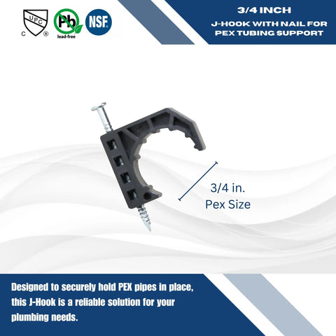 J Clamps For Three Quarter Inch Pex Copper CPVC Tubing With Nail, 100 Pcs Tube Talons Collar Design shown in close-up with measurements.